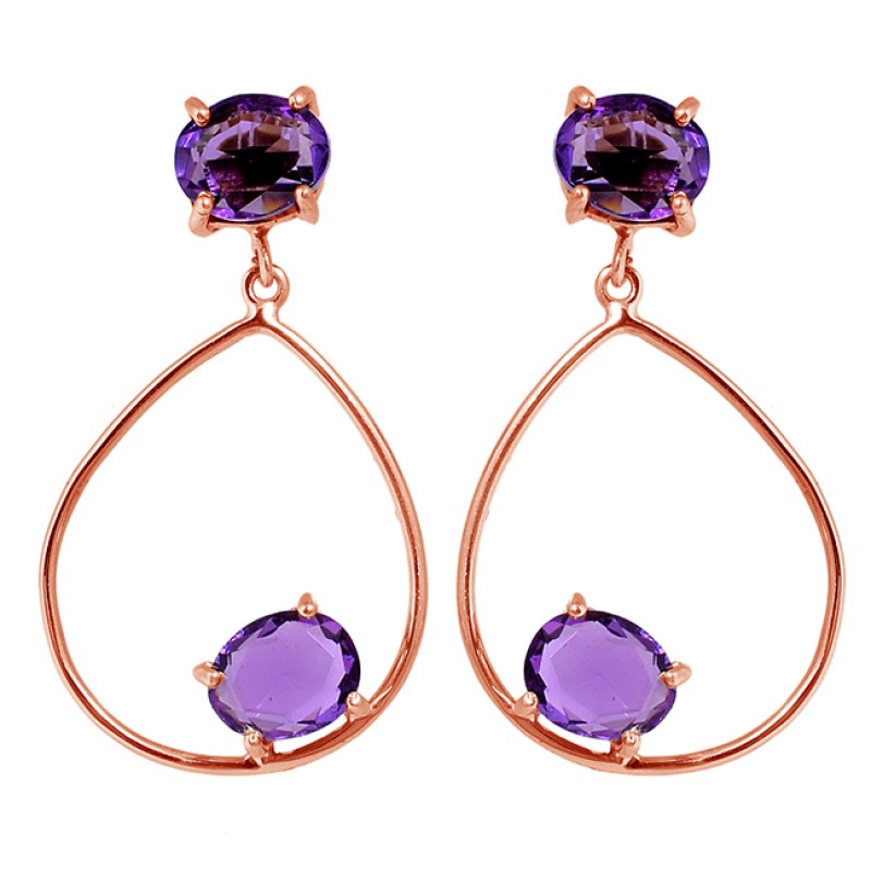 Purple Amethyst Faceted Oval Shape Gemstone 925 Silver Gold Plated Dangle Earrings