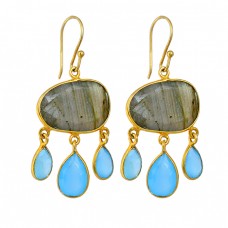 Labradorite Aqua Chalcedony Gemstone 925 Silver Gold Plated Dangle Earrings