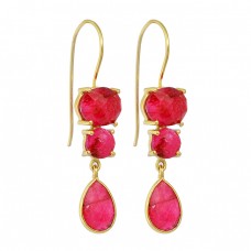 Prong Setting Ruby Gemstone 925 Sterling Silver Gold Plated Dangle Earrings