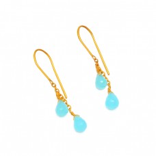 Pear Drops Shape Chalcedony Gemstone 925 Sterling Silver Gold Plated Earrings