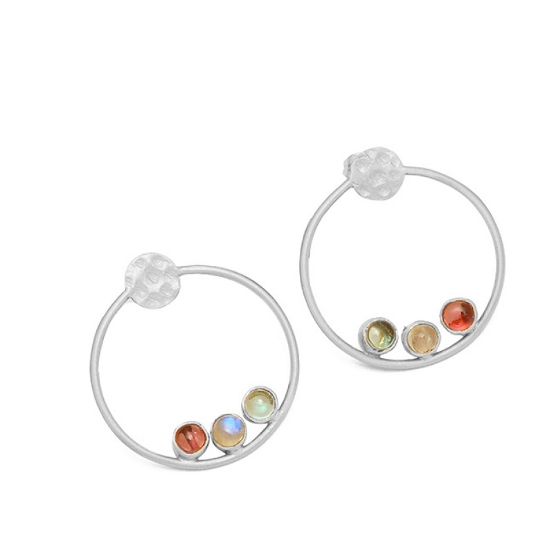 925 Sterling Silver Round Cabochon Multi Color Gemstone Gold Plated Stud Earrings