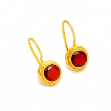 925 Sterling Silver Garnet Round Shape Gemstone Gold Plated Designer Earrings