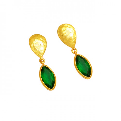 Green Quartz Gemstone 925 Sterling Silver Gold Plated Hammered Dangle Stud Earrings