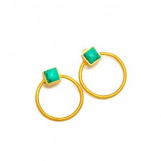 Cushion Shape Turquoise Gemstone 925 Sterling Silver Gold Plated Stud Earrings