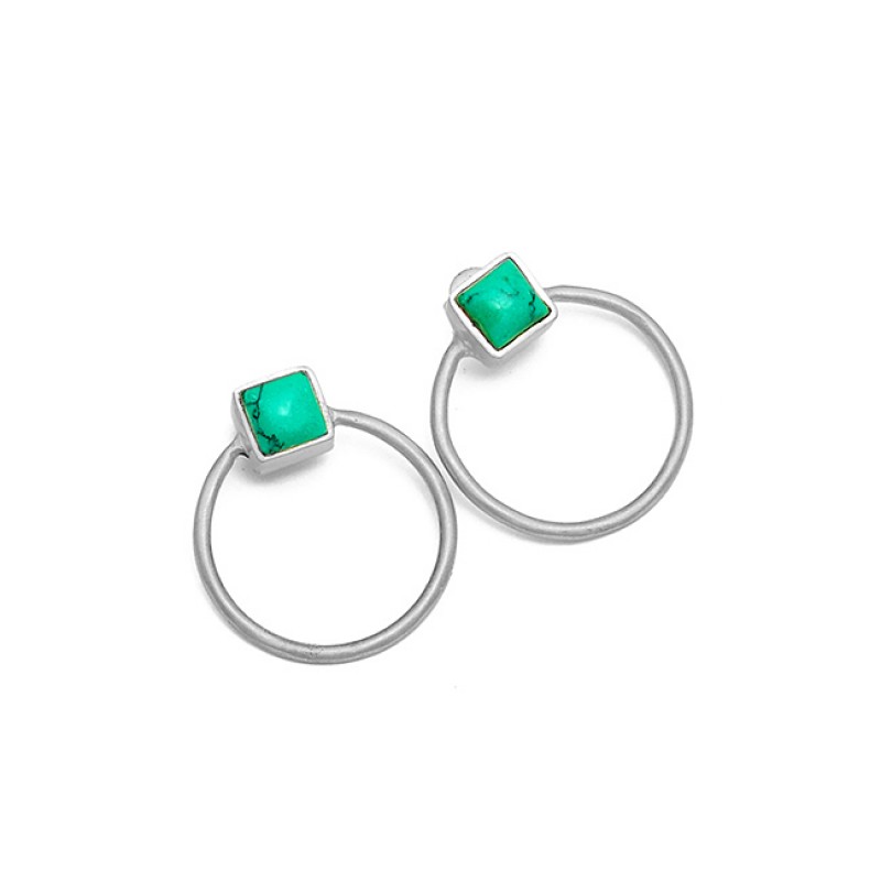 Cushion Shape Turquoise Gemstone 925 Sterling Silver Gold Plated Stud Earrings
