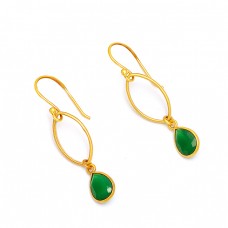 Pear Shape Green Onyx Gemstone 925 Sterling Silver Gold Plated Dangle Earrings