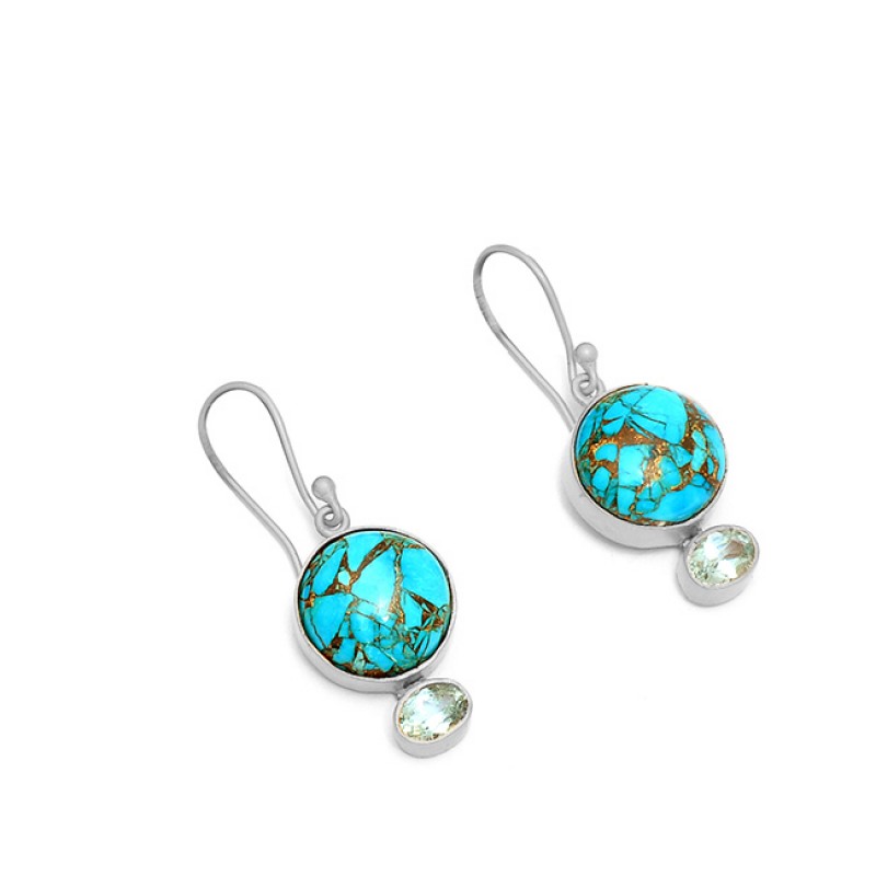 925 Sterling Silver Turquoise Blue Topaz Gemstone Gold Plated Dangle Earrings
