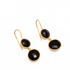 Bezel Setting Black Onyx Round Gemstone 925 Silver Gold Plated Dangle Earrings