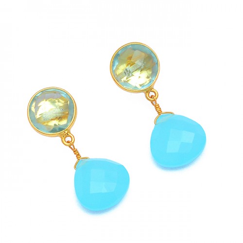925 Sterling Silver Blue Topaz Chalcedony Gemstone Gold Plated Dangle Stud Earrings