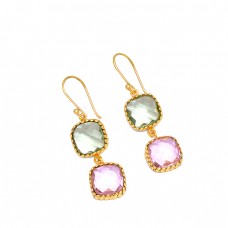 Cushion Shape Green Amethyst Pink Quartz Gemstone 925 Silver Gold Plated Earrings