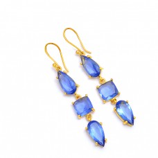 Blue Quartz Pear Cushion Shape Gemstone 925 Sterling Silver Gold Plated Earrings