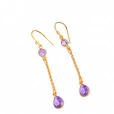 925 Sterling Silver Amethyst Gemsone Chain Dangle Gold Plated Earrings