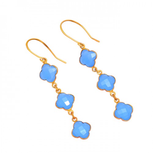 925 Sterling Silver Carved Flower Shape Chalcedony Gemstone Gold Plated Earrings
