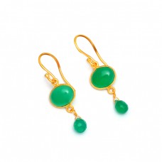 Handcrafted Designer Green Onyx Gemstone 925 Sterling Silver Gold Platd Earrings