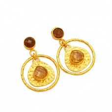 Handmade Designer Smoky Quartz Citrine Gemstone 925 Silver Gold Plated Earrings