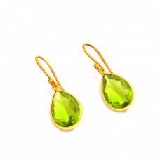 Pear Shape Green Quartz Gemstone 925 Sterling Silver Bezel Setting Gold Plated Earrings