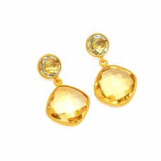 Blue Topaz Citrine Gesmtone 925 Sterling Silver Gold Plated Stud Dangle Earrings