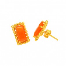 Handmade Designer Carnelian Rectangle Shape Gemstone Gold Plated Stud Earrings