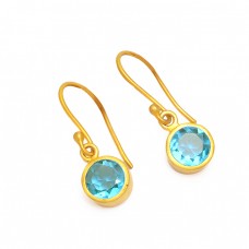 Faceted Round Blue Topaz Gemstone 925 Sterling Silver Gold Plated Dangle Earrings