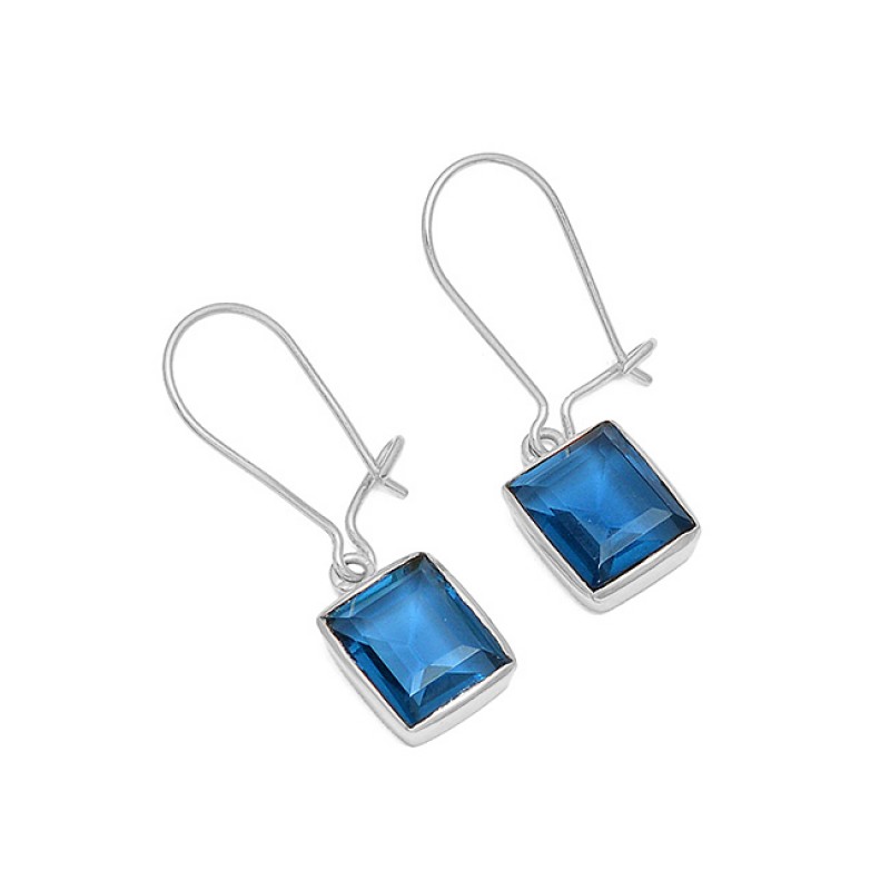 Blue Quartz Octagon Shape Gemstone 925 Sterling Silver Gold Plated Hoop Earrings