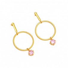 925 Sterling Silver Pink Color CZ Gemstone Gold Plated Hoop Dangle Earrings