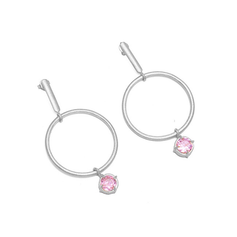 925 Sterling Silver Pink Color CZ Gemstone Gold Plated Hoop Dangle Earrings