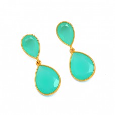 Pear Shape Chalcedony Gemstone 925 Sterling Silver Gold Plated Stud Earrings