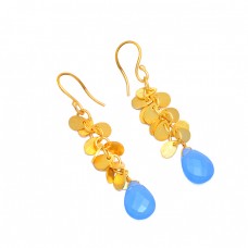 Stylish Handmade Designer Blue Chalcedony Gemstone 925 Sterling Silver Gold Plated Earrings