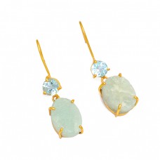 Aquamarine Blue Topaz Gemstone 925 Sterling Silver Gold Plated Earrings