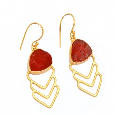 Raw Material Red Onyx Rough Gemstone 925 Sterling Silver Gold Plated Earrings