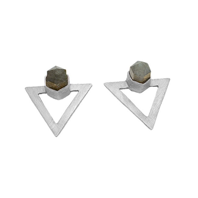 Labradorite Pencil Shape Gemstone 925 Sterling Silver Gold Plated Stud Earrings