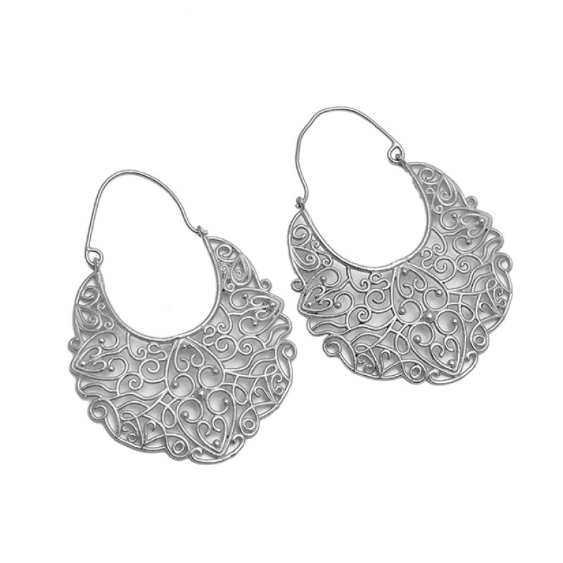 Filigree Designer Plain 925 Sterling Silver Gold Plated Dangle Hoop Earrings