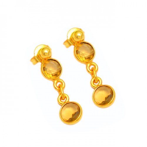 Round Shape Citrine Gemstone 925 Sterling Silver Gold Plated Dangle Stud Earrings