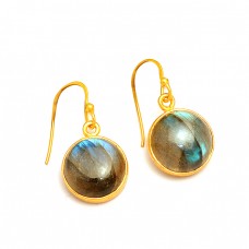 Bezel Setting Labradorite Round Shape Gemstone 925 Sterling Silver Gold Plated Earrings