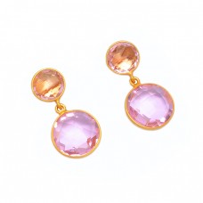 Round Shape Pink Quartz Gemstone 925 Sterling Silver Gold Plated Stud Earrings