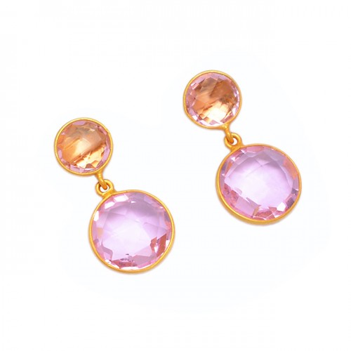 Round Shape Pink Quartz Gemstone 925 Sterling Silver Gold Plated Stud Earrings