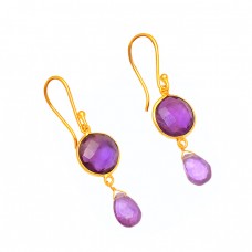 Amethyst Round Pear Shape Gemstone 925 Sterling Silver Gold Plated Dangle Earrings