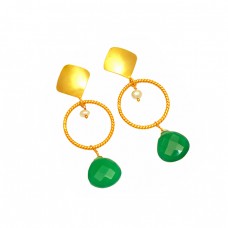 Green Onyx Pearl Gemstone 925 Sterling Silver Gold Plated Dangle Earrings