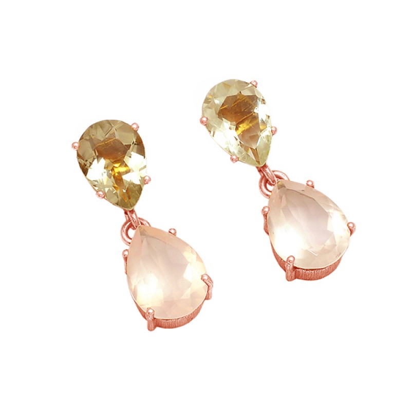 Faceted Pear Shape Green Amethyst Rose Quartz Gemstone Stud Gold Plated Earrings