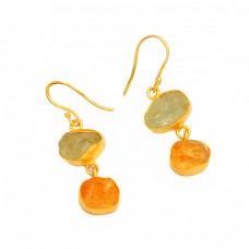 925 Sterling Silver Aquamarine Citrine Rough Gemstone Gold Plated Earrrings