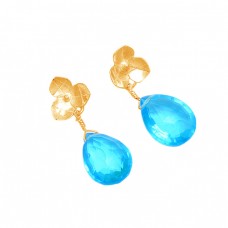 Briolette Pear Shape Blue Topaz  Gemstone 925 Sterling Silver Handmade Earrings