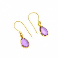 Pear Shape Amethyst Gemstone 925 Sterling Silver Gold Plated Dangle Earrings