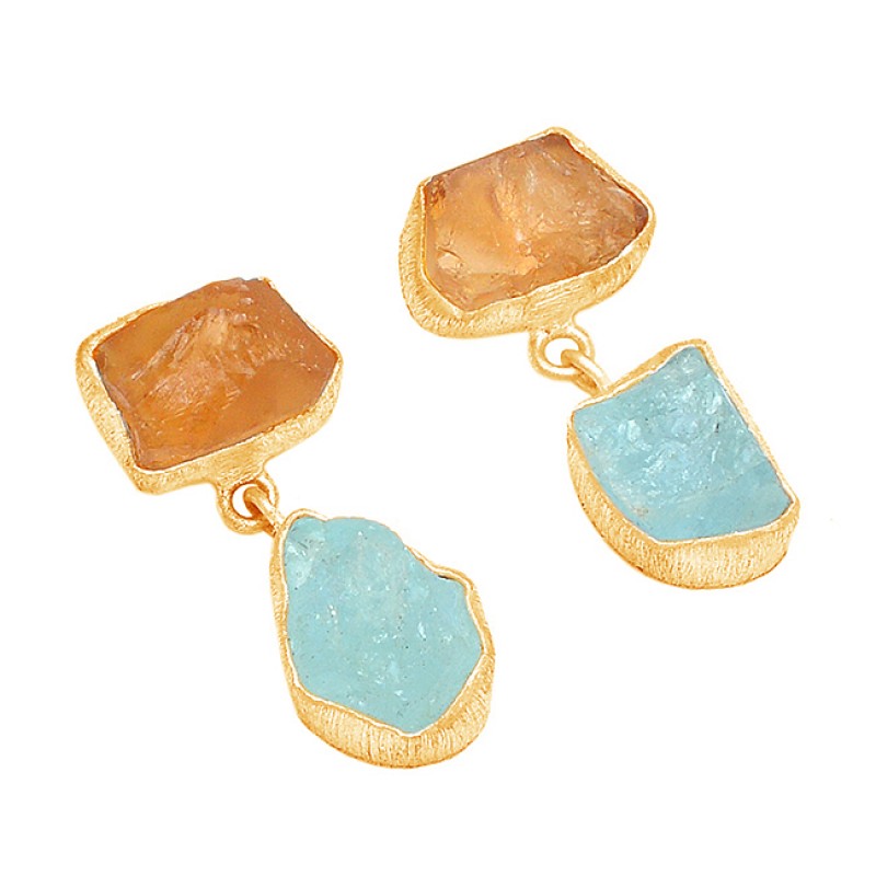 925 Sterling silver Aquamarine Citrine Rough Gemstone Gold Plated Dangle Earrings