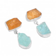 925 Sterling silver Aquamarine Citrine Rough Gemstone Gold Plated Dangle Earrings