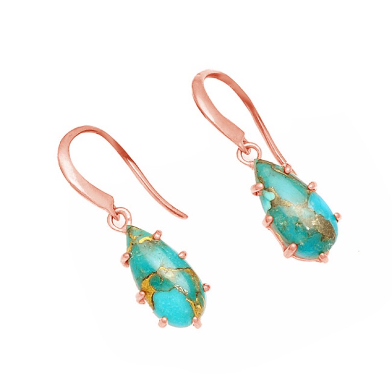 Blue Copper Turquoise Cabochon Pear Gemstone 925 Silver Gold Plated Dangle Earrings