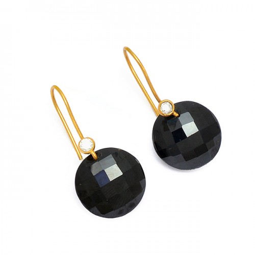 Black Onyx Cubic Zirconia Gemstone 925 Sterling Silver Gold Plated Earrings