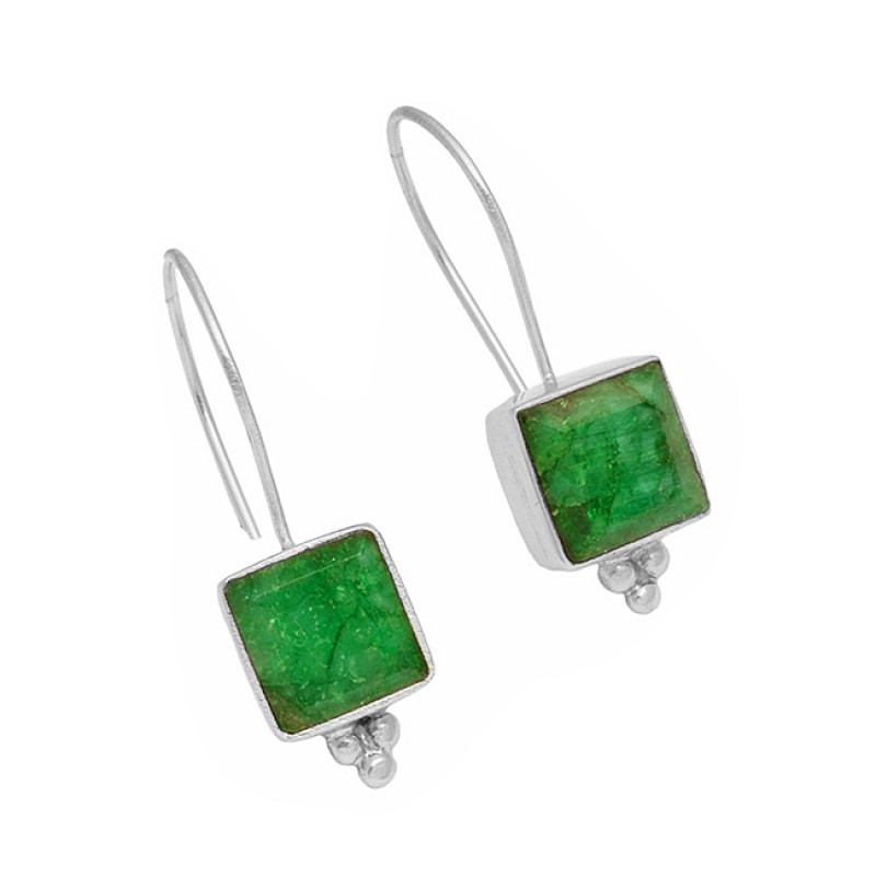 Square Shape Emerald Gemstone 925 Sterling Silver Fixed Ear Wire Earrings