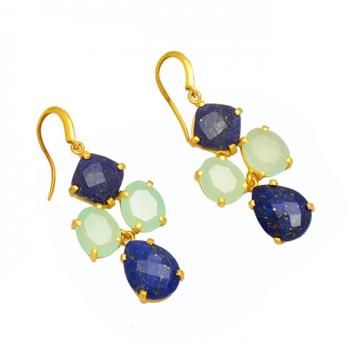 Lapis Lazuli Chaledony Gemstone 925 Sterling Silver Gold Plated Dangle Earrings