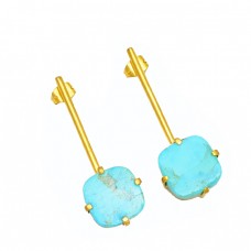 Cushion Shape Turquoise Gemstone 925 Strling Silver Handmade Long Stud Earrings