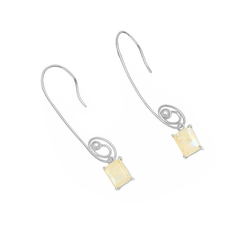 925 Sterling Silver Octagon Shape Mooonstone Gold Plated Dangle Hoop Earrings